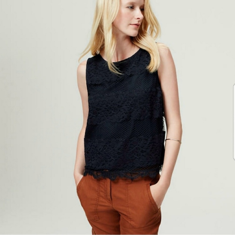 LOFT Lace Overlay Scalloped Hem Sleeveless Lined Navy Blue Top Blouse Size XXSP